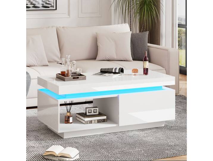 Table basse salon - table basse salon led - Laquée blanche - 1 tiroir - Éclairage LED