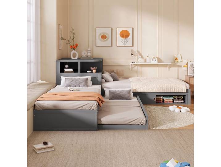 Lit plateforme 2x90x200cm avec lit gigogne 90x190cm lit enfant avec armoire de rangement. lit double Sommier à lattes gris