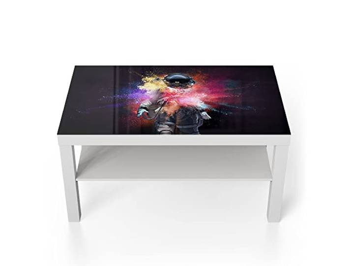 DEQORI Glastisch weiß groß 90x50 cm Motiv Kosmonaut in Farbknall ausgefallener Beistelltisch aus Glas Hochglanz Couchtisch fürs Wohnzimmer moderner Couch Tisch mit Design