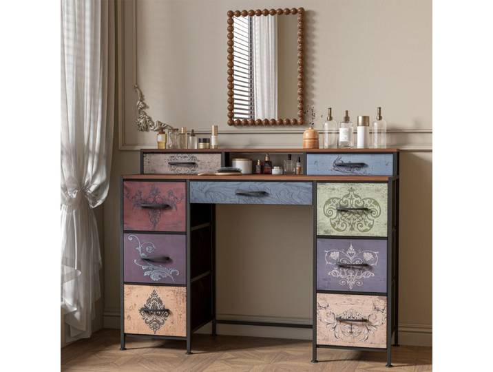 ADWOLT Coiffeuse avec 9 Tiroirs Table de Maquillage Tissu Floral Cadre Acier Plateau Bois