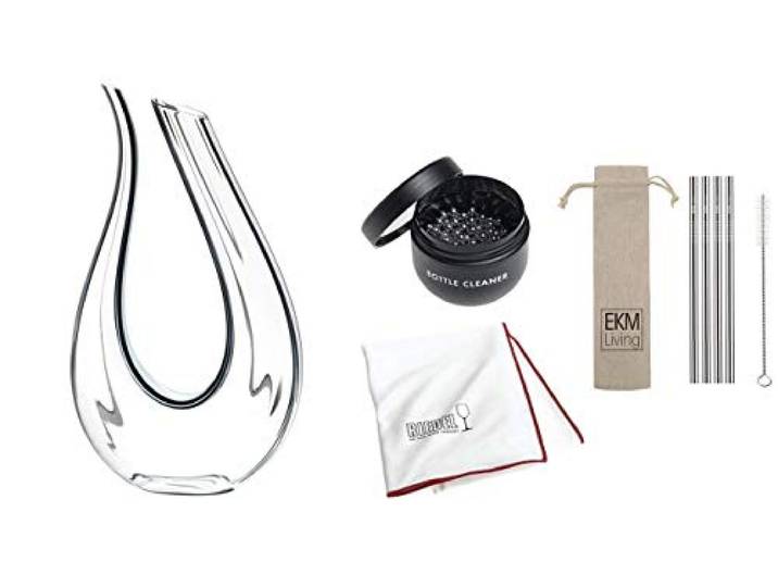 RIEDEL Decanter Vorteilsset, Dekanter, Weindekanter Amadeo Fatto A Mano Black/White/Black Optical + Gratis Reinigungstuch 5010/07, Reinigungsperlen 0010/05 und 4er Set EKM Living Edelstahl Trinkhalme