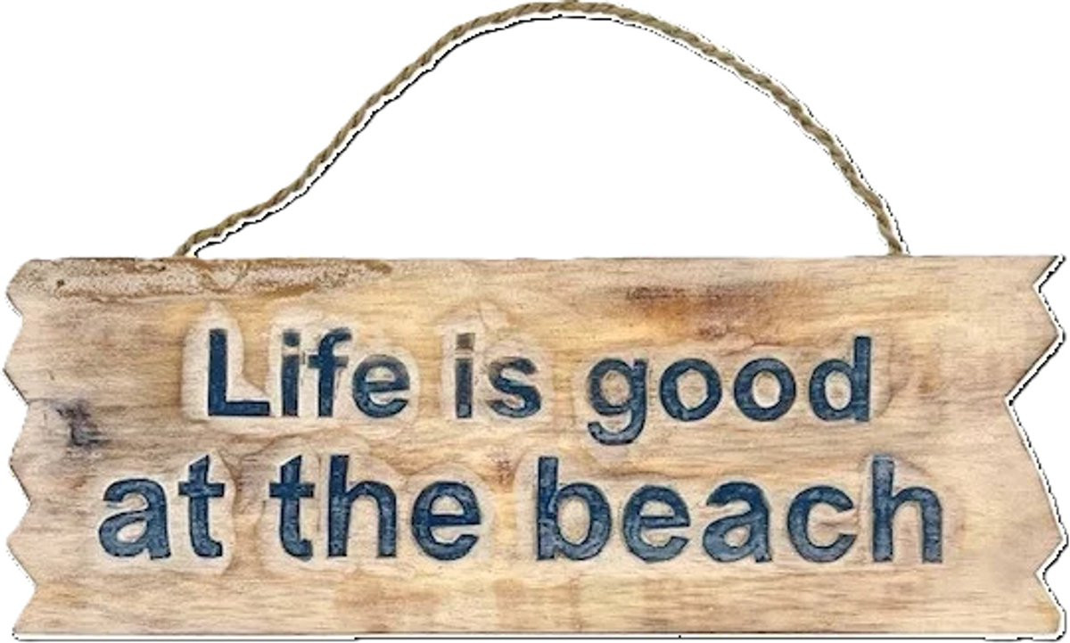 Houten tekstbord Dio Life is better beach blauw