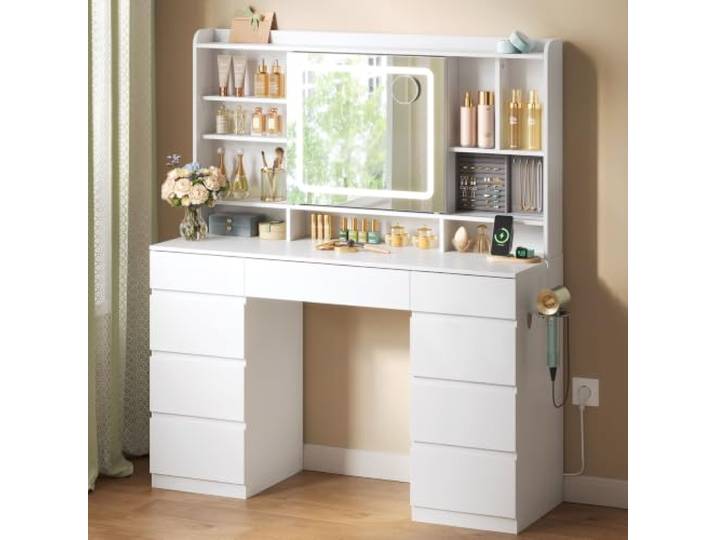 WOLTU Schminktisch mit Beleuchtung, Verschiebbarer Spiegel, Steckdose einstellbare Helligkeit, 9 Schubladen, 1 Schmucktablett, 11 Ablagen, Moderner Frisiertisch für Schlafzimmer, Holz, Weiß
