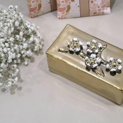 Vivience Oblong Gold Decorative Box With Flower Design Lid