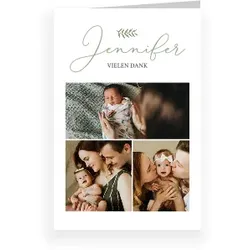 Dankeskarte Baby: Zweig mit Fotos in Weiß