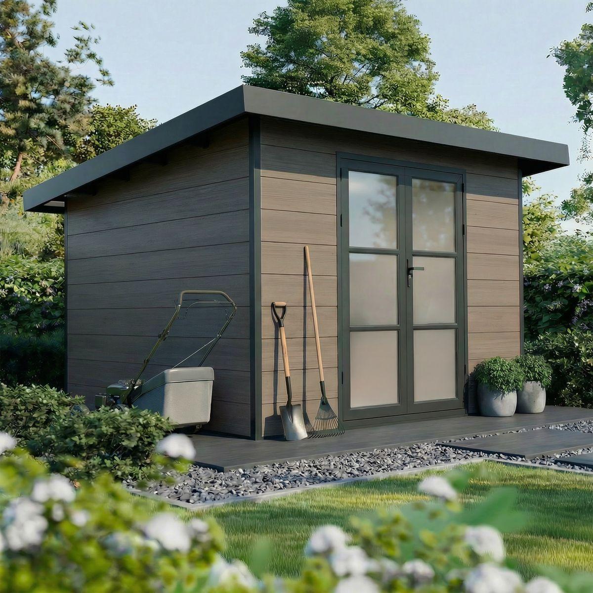 WPC Gartenhaus ALMA - 9 m², Grau - Dielenstärke: 28 mm - Gartenhaus - Lüftungsgitter - Doppeltür - Dachrinne