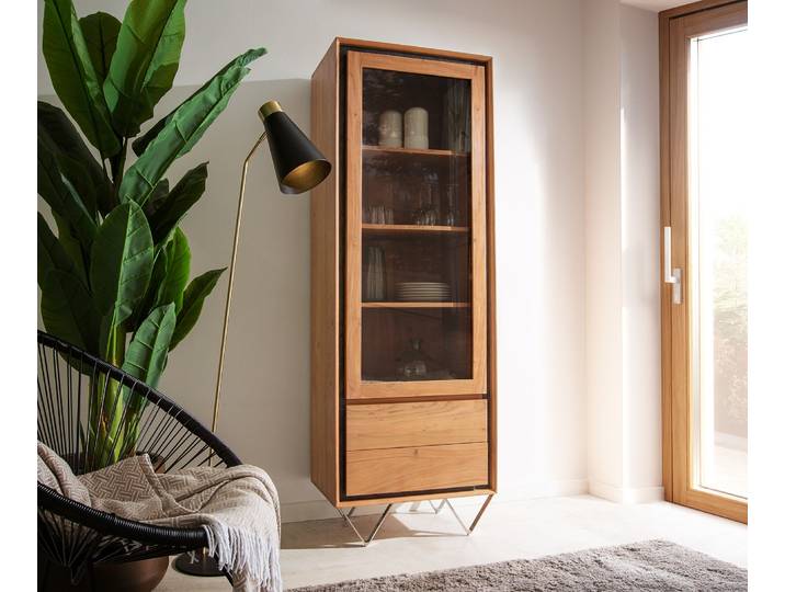 Vitrine Stonegrace 55x180 Akazie Natur 1 Tür 2 Schubladen Steinfurnier V-Fuß, Vitrinen