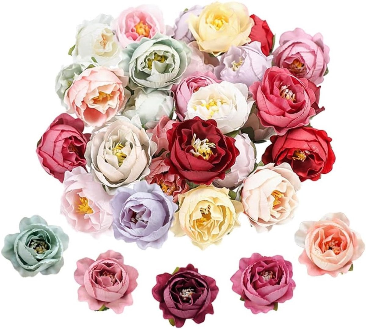 Set van 42 kleurrijke mini zijde bloemen voor bruiloft, feest en decoratie