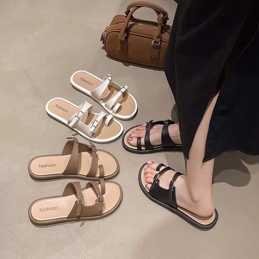 INF Damen Zehensteg Sandalen Schwarz kompatibel mit Sommer Strand Freizeit Komfort S
