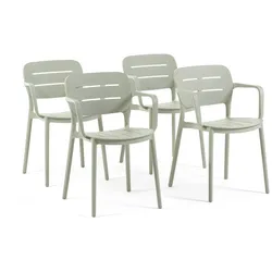 RATTATAN Set aus 4 Gartenstühlen mit Armlehnen, aus Polypropylen mit Glasfaser, stapelbar, rutschfeste Füße, für Garten, Terrasse, Balkon – Aschgrün – Dora