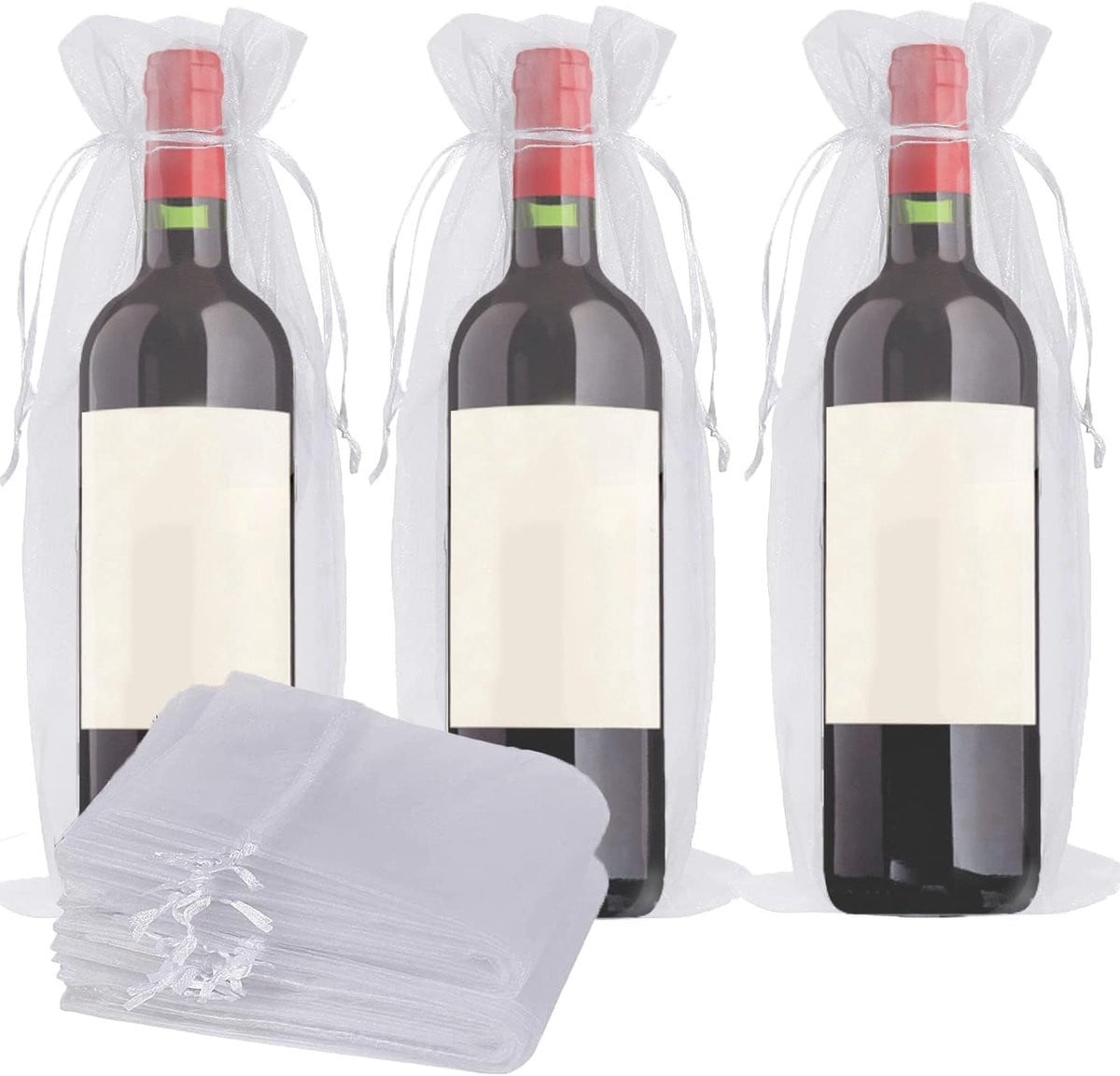 20 Stuks Witte Organza Wijnflessen Zakjes met Treksluiting voor Bruiloften en Feestelijkheden