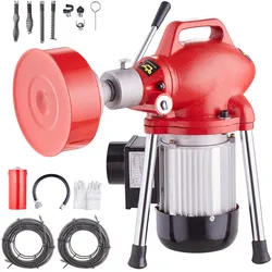 VEVOR Rohrreinigungsmaschine 120 Fuß x 5/8 Zoll, 370 W elektrische Rohrreinigungsspirale mit manueller Zuführung – mit 2 Stahlkabelabschnitten (120' x 5/8" und 23' x 3/8"), 7 Schneidern und CW/CCW-Steuerung für 1,6" bis 4" Rohre