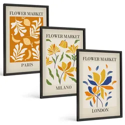 BILDER SET 3er Set - 40x60 cm Schwarzer Rahmen - Blumenposter Paris Mailand London