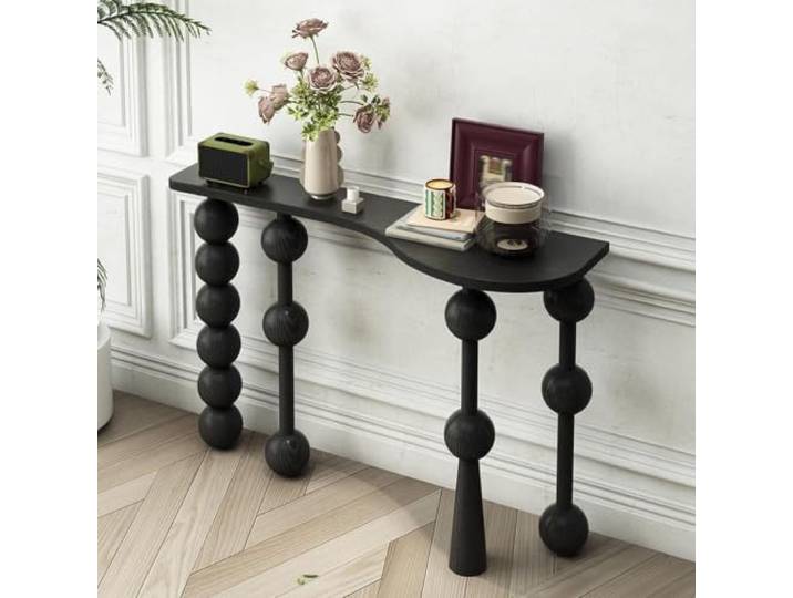 Massivholz Unregelmäßiger Konsolentisch, Retro Flurtisch mit Rundbeinen Künstlerischer Geometrischer Flurtisch,Moderner Schlanker Sofatisch als Beistelltisch für Wohnzimmer(Black,L120cm/47.2in)