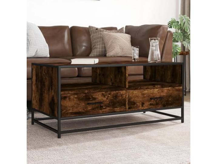HEFZGDB Couchtisch Räuchereiche 100x50x45 cm Holzwerkstoff und Metall Beistelltisch mit Stauraum Industriestil Dieser einzigartige Kaffeetisch aus Holzwerkstoff und Metall mit einem