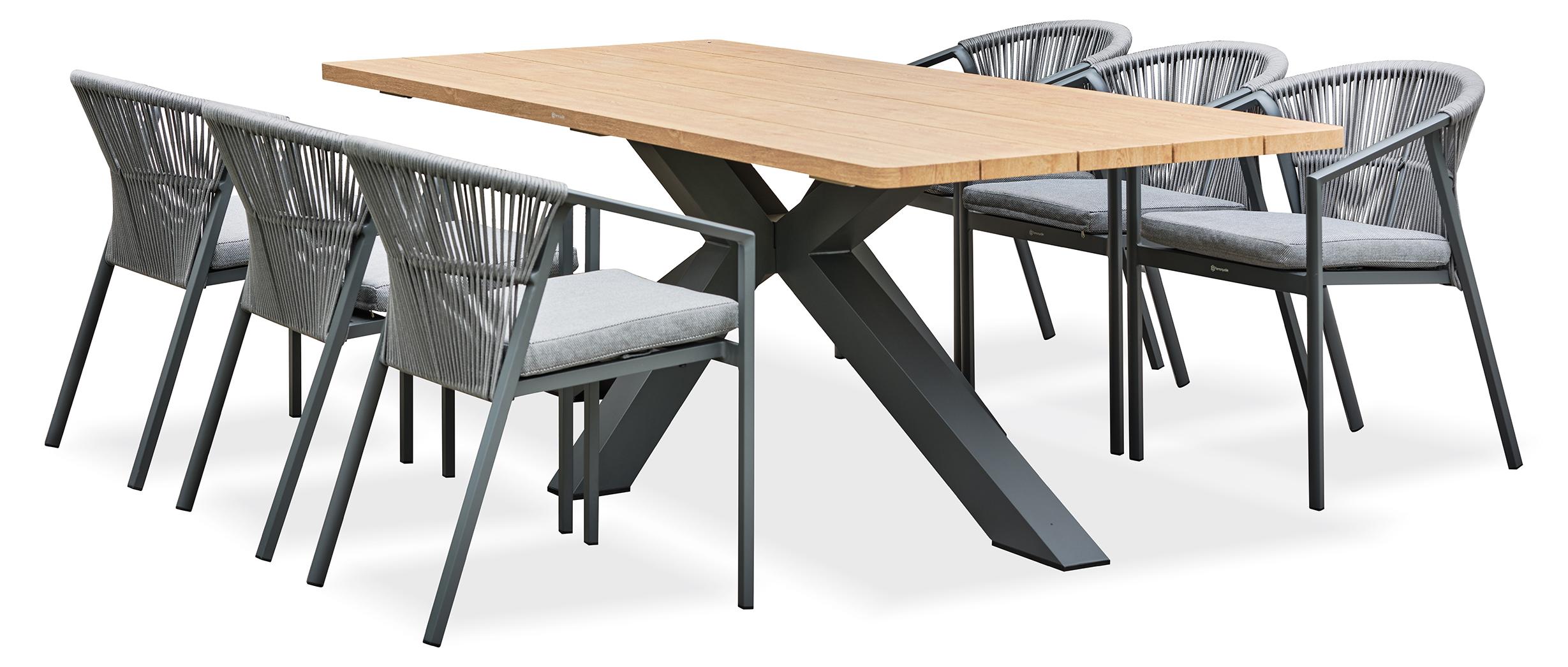 6-Sitzer Garten-Essgruppe Aluminium Graublau, Tisch 2.2m Holzoptik, Stühle mit Ton-in-Ton-Kordelgeflecht, stapelbar, inkl. abnehmbarer Kissen