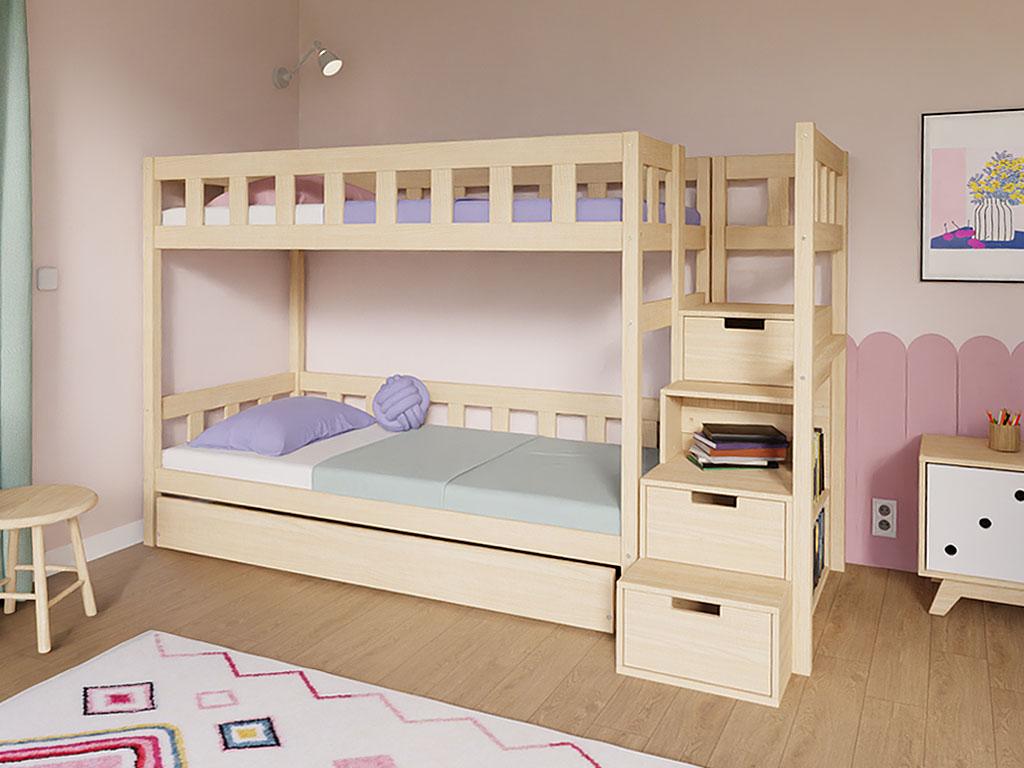 Etagenbett PLOTTY mit Treppen und Stauraum 90x200 cm - Transparente Wachslasur matt - Links - Aufbewahrungsschublade