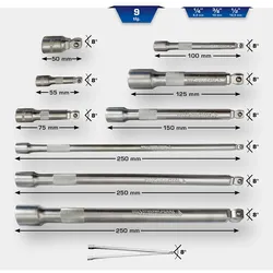 Brilliant Tools Kippverlängerungs-Satz 1/4" + 3/8" + 1/2", 9-tlg - BT020009