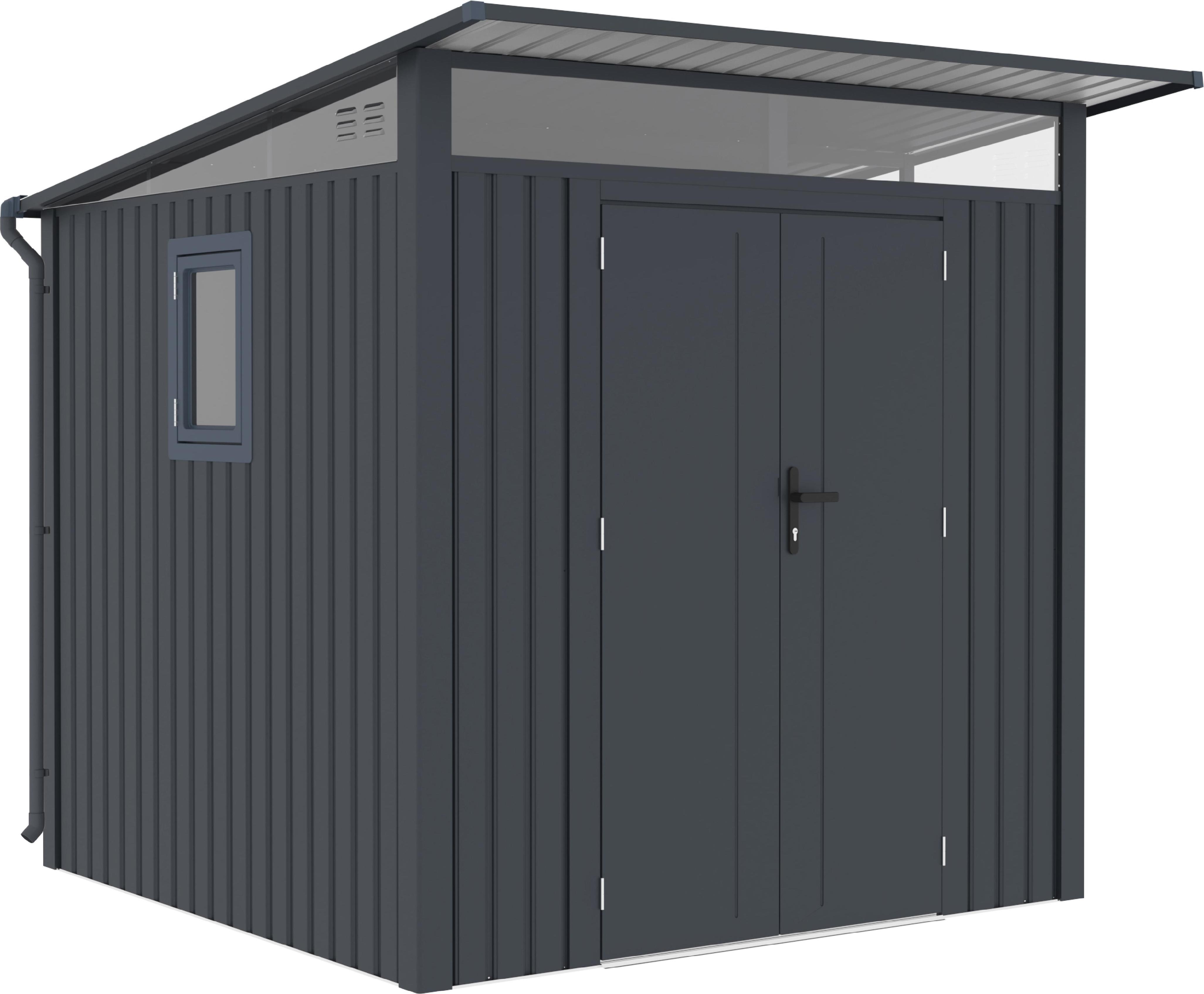 Rockford Gerätehaus Metall Geräteschuppen 232 x 254 cm Gartenhaus mit Pultdach inkl. Regenrohre Porto 200 Anthrazit