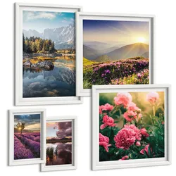BILDER SET 5er Set - 50x50 cm & 20x30 cm & 40x60 cm Weißer Rahmen - Blumengarten, Bergwiese, Wasser