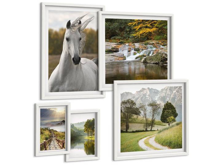 BILDER SET 5er Set - 50x50 cm & 20x30 cm & 40x60 cm Weißer Rahmen - Natur des Flusses White Horses