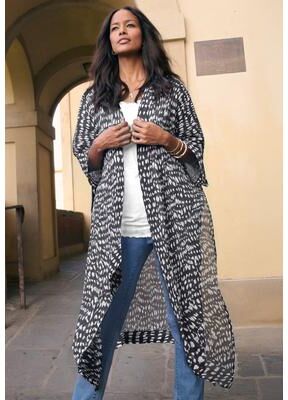 Plus Size Women's Plus Size Flowy Chiffon Duster by Roaman's in Black Ikat Texture (Size S)