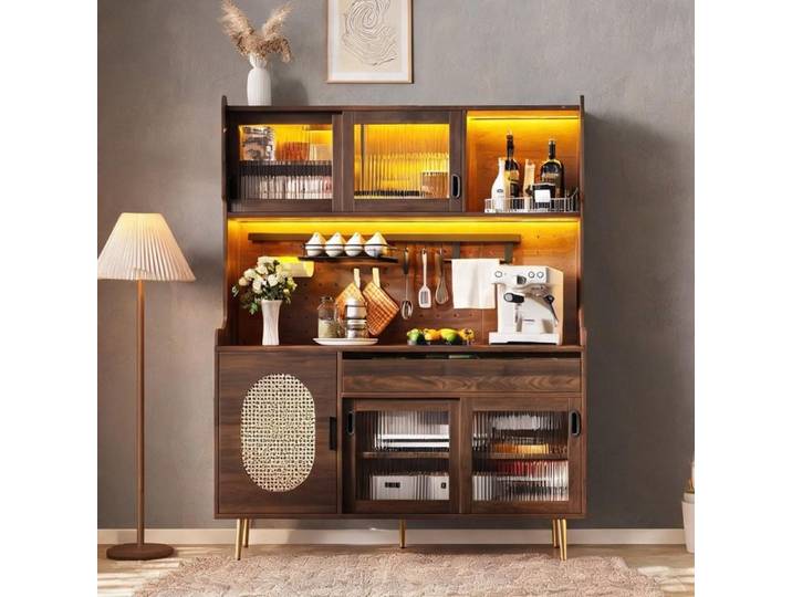 Buffet haut en MDF 5 portes vitrées cannelées style campagne LED classic brown 145x39x171 cm