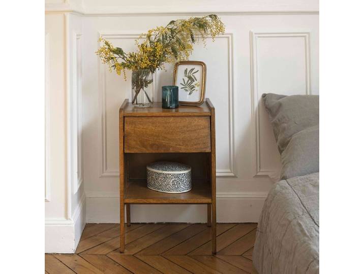 Table de chevet en manguier 1 niche 1 tiroir Vintage