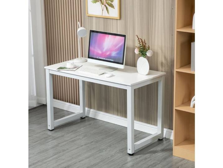 Bureau Droit avec Grand Plateau Rectangulaire - MEUNIQ - Bureau Informatique MDF et Métal Blanc pour Bureau 120×60×74 cm