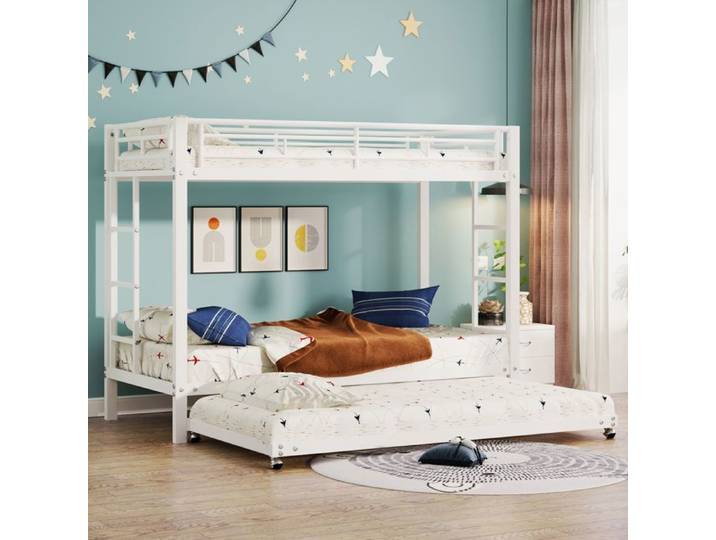 Lit Superposé Enfant 90x200 cm Cadre de Lit en Fer avec Lit Gigogne Blanc