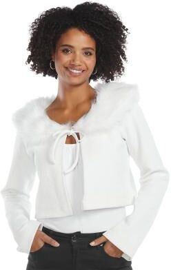 Masseys Faux Fur Tie Front Cardigan (Size 3X) White, Polyester