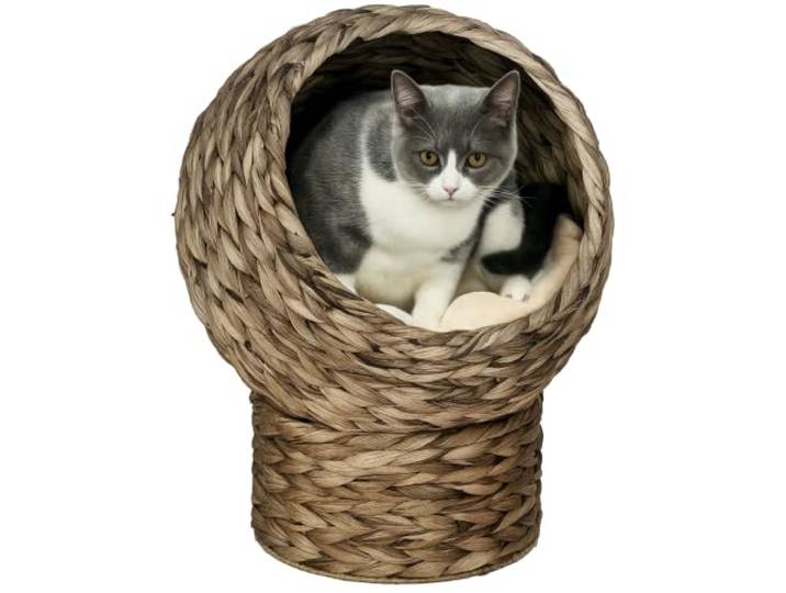 PawHut Panier Chat lit surélevé Chat Cosy Niche Grotte à Chat Grand Confort dim. 42L x 33l x 52H cm Coussin Moelleux Beige Inclus