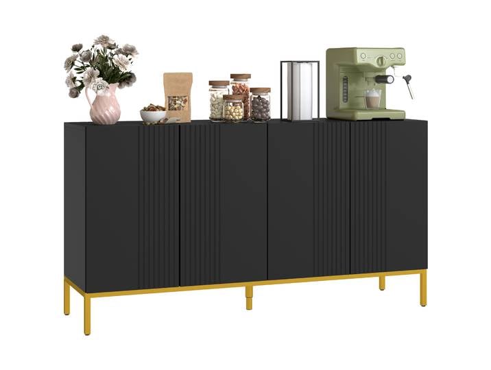 HOMCOM Buffet menuble de rangement design contemporain graphique 2 placards porte étagères réglables en bois noir métal doré