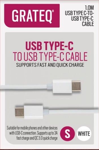 Grateq usb-c - usb-c kaapeli 100w 1m valkoinen