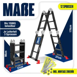 Masko, Leiter + Gerüst,  Mehrzweckleiter Aluminium 6 in 1 (Anlegeleiter, Mehrzweckleiter, Stehleiter)