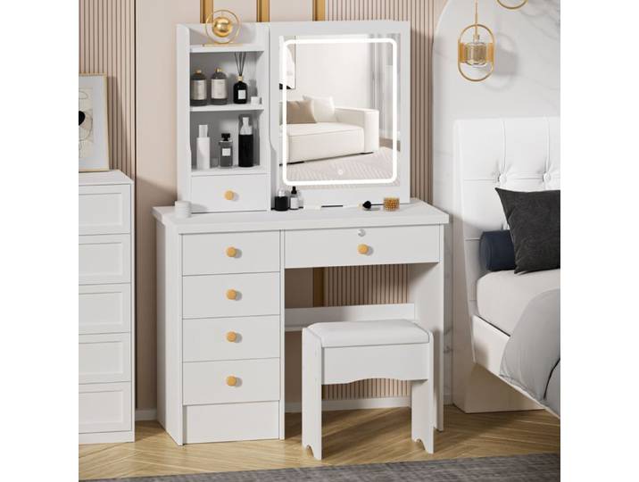 Coiffeuse avec Miroir et Tabouret - WILITTO - 6 Tiroirs et étagères Ouvertes - LED avec 3 couleurs - 80x36x132cm