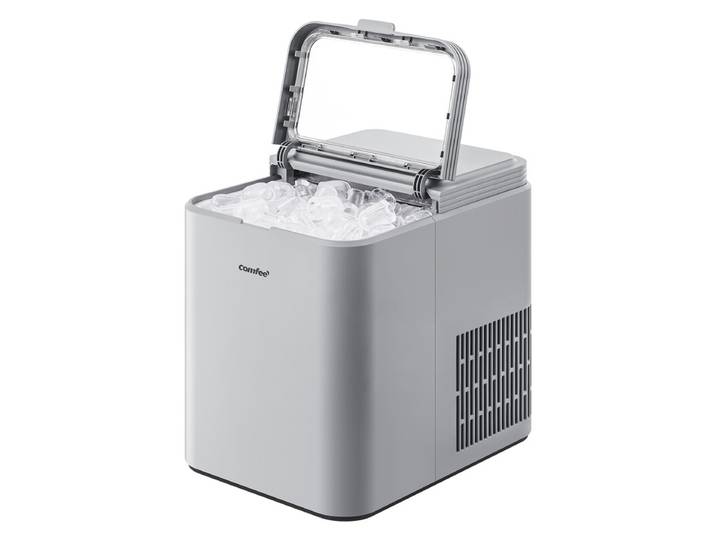 Comfee' RCI12GY1EU(E) Machine à glaçons, 8 glaçons en 6 min, 12 kg/24 h, Réservoir d’eau 1,3 L, Fonction autonettoyage, Machine à glaçons creux compacte, Pelle à glaçons et panier inclus pour la maison - Gris