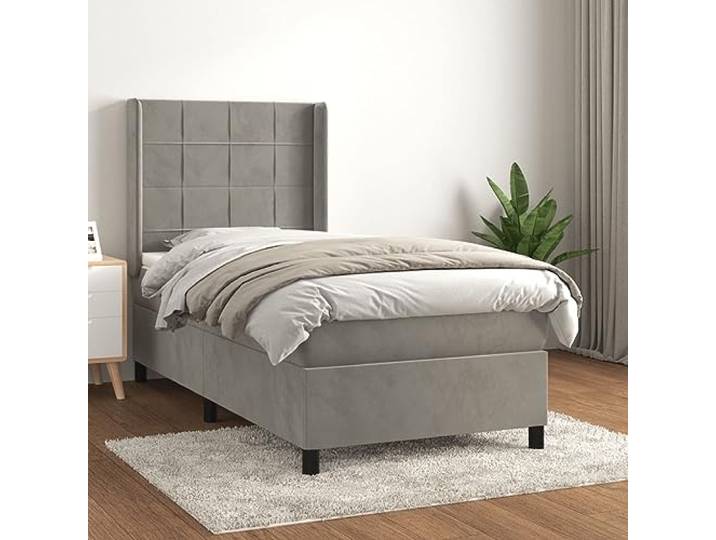 RJPLMFV Samtbett, hellgrau, 90 x 190 cm, mit verstellbarem Kopf Matratze mit Taschenfedern, mittlere Unterstützung, weicher Matratzenschoner, ideal für Rücken und Bauch