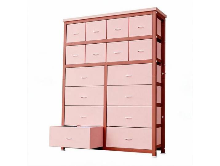 Koioplie Commode haute 16 tiroirs en tissu pour chambre structure métal et plateau bois style moderne - Pink