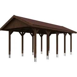 Skan Holz Wallgau - Satteldach Einzelcarport Breite 380 cm Gr. 2 - 380 x 750 cm Dachschalung Dachschalung mit Dachschindeln (rot) nussbaum Holzcarport