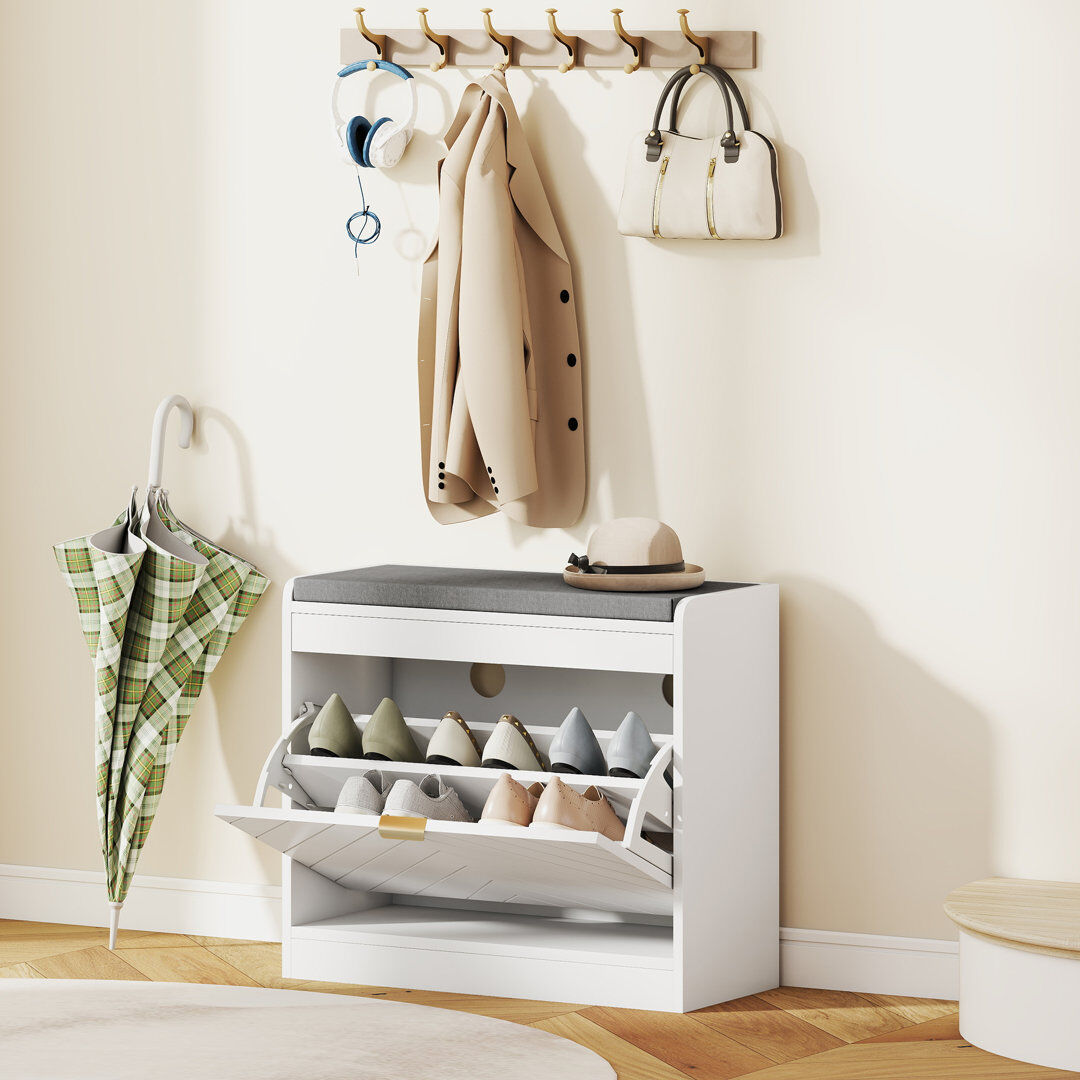 17 Stories HOMCOM Shoe Bench with 1 Flip Drawer, Cushion, 5 Pairs for Entryway White White 5