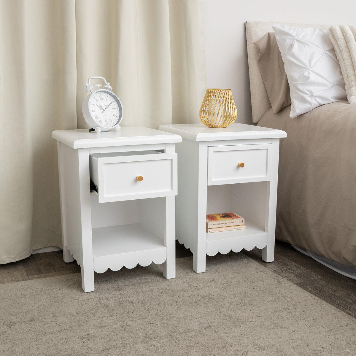 Pair of One Drawer Scalloped Bedside Tables - Staunton White Range Wood, Metal