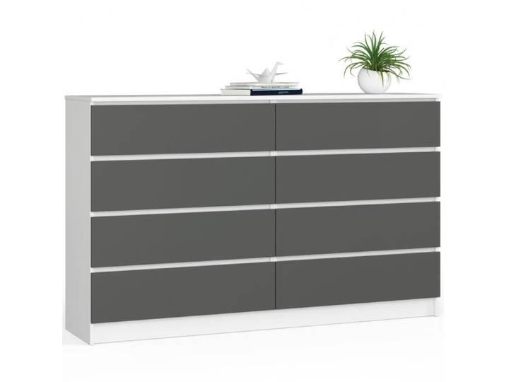Grande Commode pour le salon AKORD K160 Blanche 160 cm 8 tiroirs façade Gris Graphite 160x40x99 cm