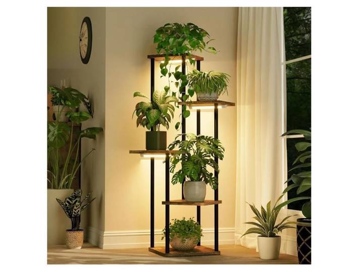 Support Plantes avec Lampe de Croissance Étagère Plante 5 Niveaux Métal Brun Porte Plante Intérieur Extérieur Multiples Plantes Brun