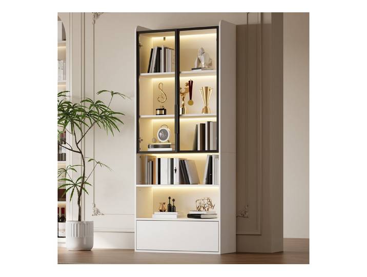 OKWISH Vitrine Regal 80x34x180 cm mit Schublade und LED-Beleuchtung – Vitrine (Packung, 1-St., Standregal Schrank Vitrine, mit Offene Partition) Wohnzimmerschrank mit Glastüren