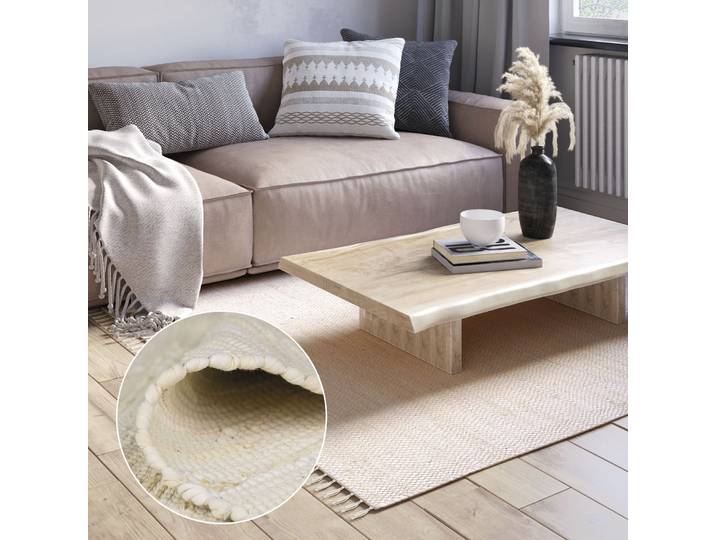 Teppich Dalia , beige, B:120cm H:10mm L:170cm, Baumwolle, Polyester, MYFLAIR MÖBEL & ACCESSOIRES, Teppiche, Teppich, Handweb Teppich, Uni Farben, 90% Baumwolle, handgewebt, Wohnzimmer