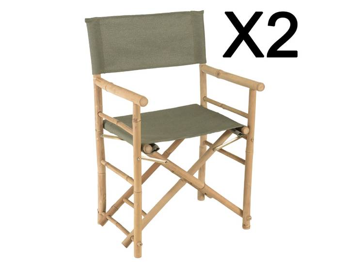 Set de 2 fauteuils pliants bambou, dossier et assise en tissu vert