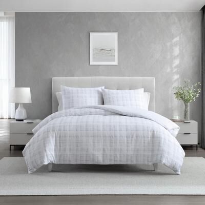 Vera Wang Blurred Plaid Cotton Comforter Set Reversible (Blue, 3 Piece)