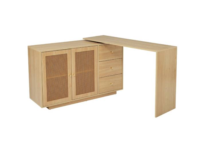 Bureau informatique pivotant en l avec rangement + 3 tiroirs naturel