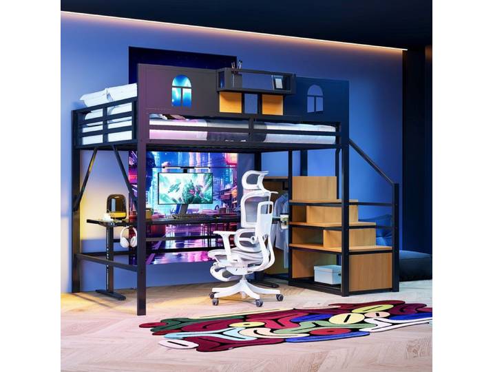 Lit mezzanine - KOMHTOM - 140x200 cm - Métal - Échelle rangement - Garde-corps surélevé